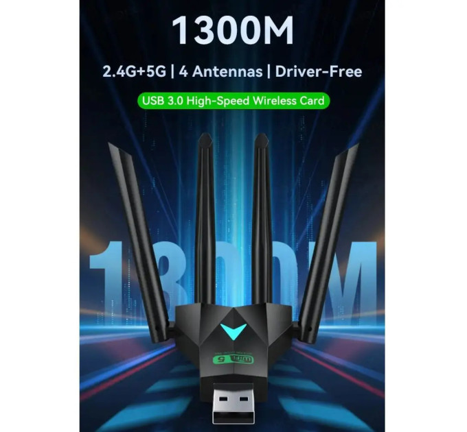 Wi-Fi адаптер AC1300 WiFi5 USB 3.0 5Ггц+2.4Ггц 4 антени