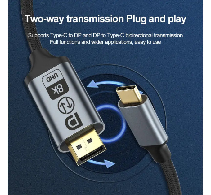 Двонаправлений Кабель  Type-C - DisplayPort 8K 60 Hz UHD 2м DP1.4 SmartG Bidir