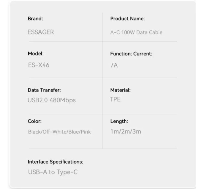 Кабель  USB - Type-c 100W Essager PD QC4.0 FCP AFC - 1m