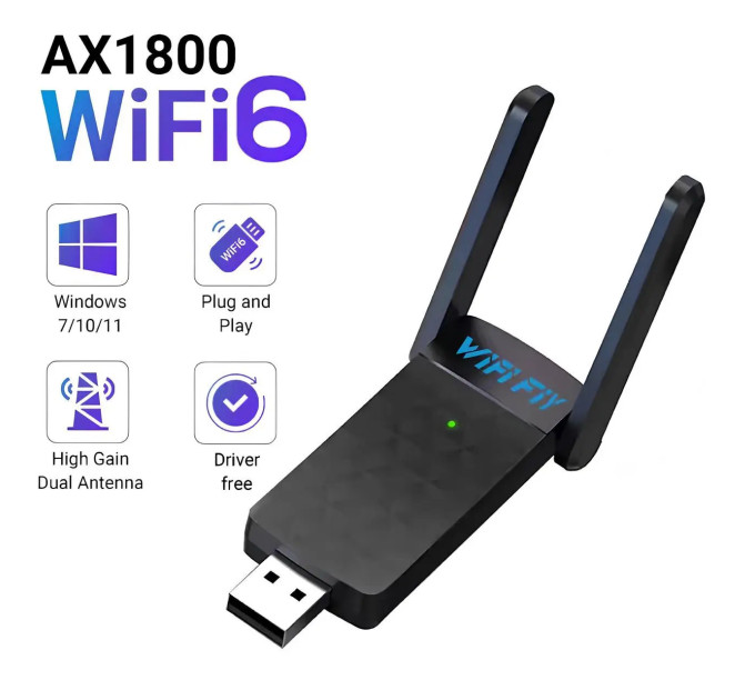 Wi-Fi адаптер AX1800 WiFi6 USB 3.0, дводіапазонний 2.4/5 ГГц WiFi 6 Wi-Fi адаптер AX1800 WiFi6 USB 3.0, дводіапазонний 2.4/5 ГГц WiFi 6