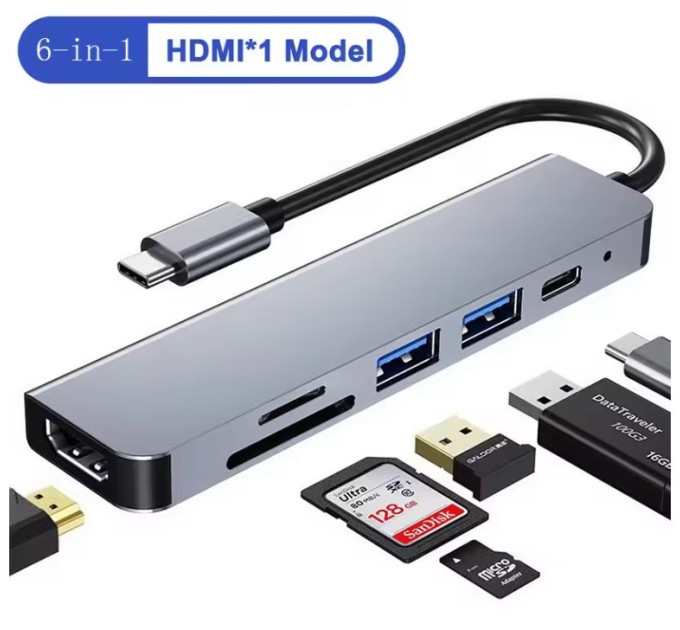USB 3.0 хаб + кардрідер + конвертер HDMI 4K  SmartGo 6 у 1