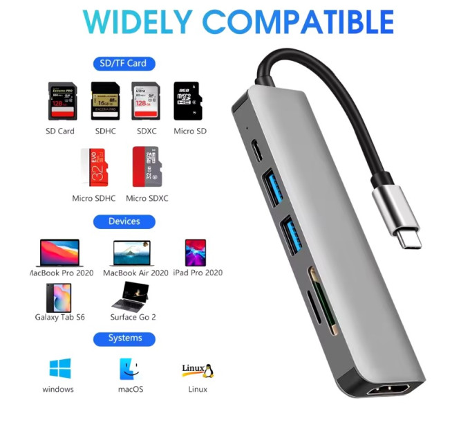 USB 3.0 хаб + кардрідер + конвертер HDMI 4K  SmartGo 6 у 1