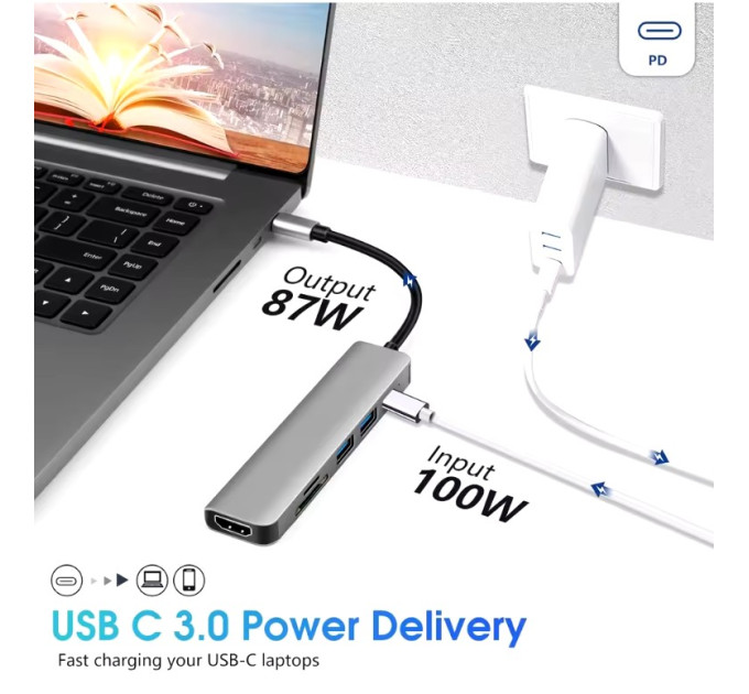 USB 3.0 хаб + кардрідер + конвертер HDMI 4K  SmartGo 6 у 1