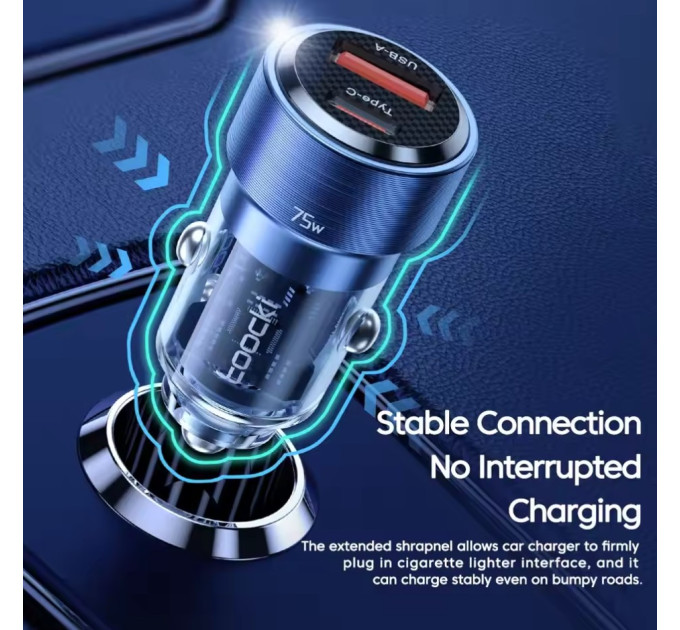 Автомобильное зарядное устройство 75W Toocki PD+QC 1C+1A Fast Car Charger
