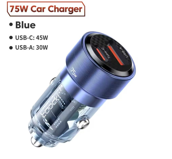 Автомобильное зарядное устройство 75W Toocki PD+QC 1C+1A Fast Car Charger