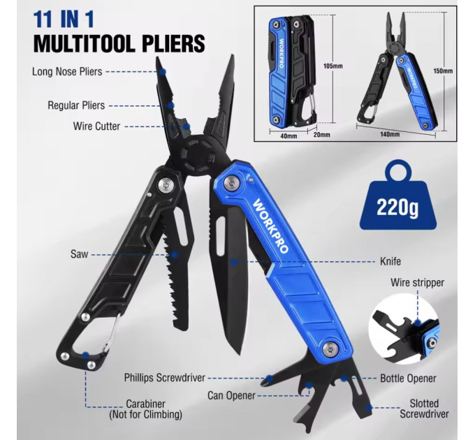 Мультитул  WORKPRO W014102AS 11в1 карабин. Liner-lock защита