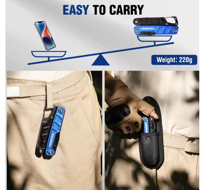 Мультитул  WORKPRO W014102AS 11в1 карабин. Liner-lock защита