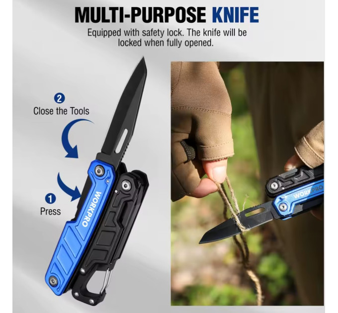 Мультитул  WORKPRO W014102AS 11в1 карабин. Liner-lock защита