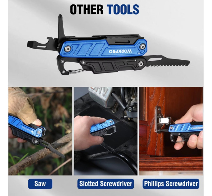 Мультитул  WORKPRO W014102AS 11в1 карабин. Liner-lock защита