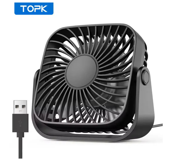 USB вентилятор портативний TOPK K52 чорний, 3 швидкості.