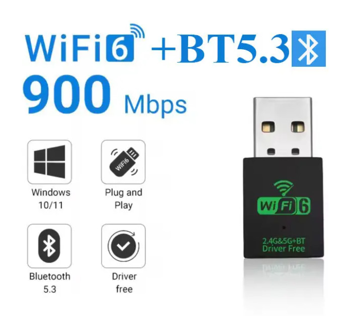 WIFI6 адаптер AX900 + Bluetooth 5.3 Plug and play WIFI6 адаптер AX900 + Bluetooth 5.3 Plug and play