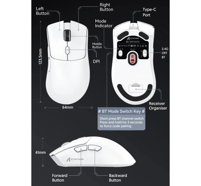 Миша бездротова ігрова ATTACK SHARK R1 чорна. Радіо 2.4Ghz + Bluetooth 5.2