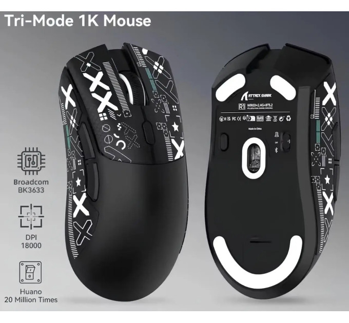 Миша бездротова ігрова ATTACK SHARK R1 чорна. Радіо 2.4Ghz + Bluetooth 5.2
