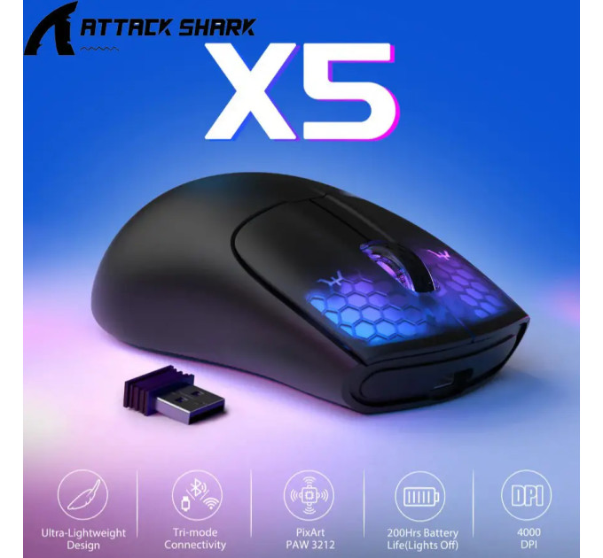 Миша бездротова ігрова ATTACK SHARK X5 чорна. 3 підключення. Радіо 2.4Ghz + Bluetooth 5.0 + type-c