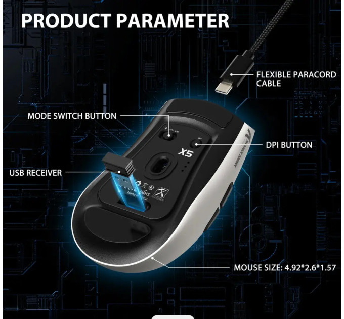 Миша бездротова ігрова ATTACK SHARK X5 чорна. 3 підключення. Радіо 2.4Ghz + Bluetooth 5.0 + type-c
