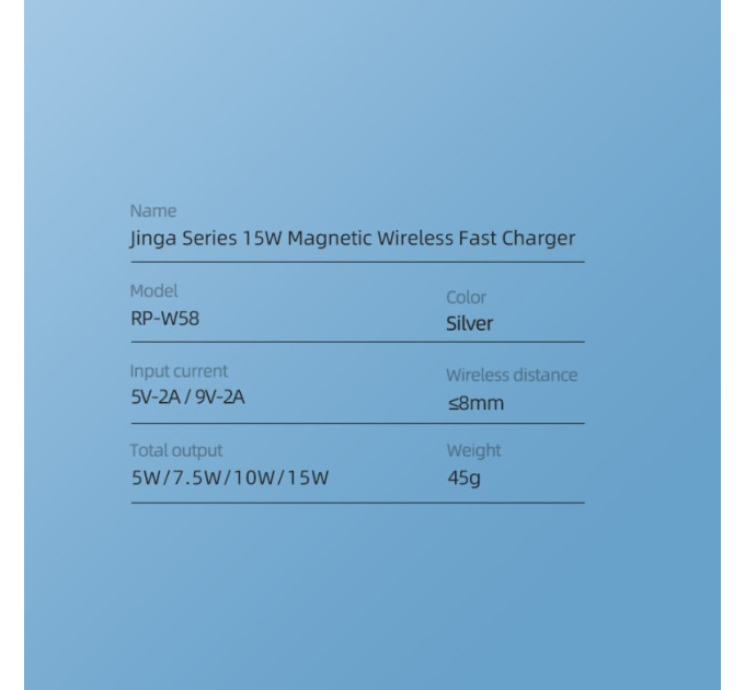 Бездротовий зарядний пристрій 15W REMAX Jinga Series 15W Magnetic Wireless Fast Charger  RP-W58