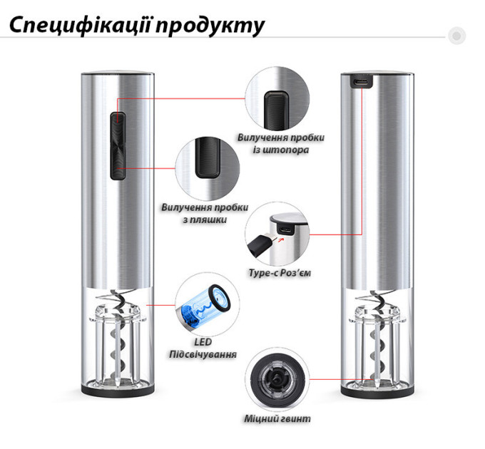 Акумуляторний електричний коркотяг WineOpener Type-C
