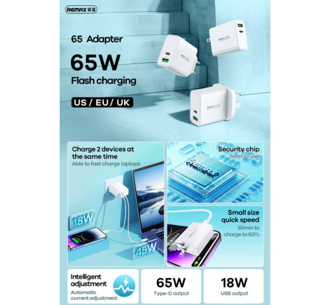 Зарядний пристрій 65W REMAX 65W Kiddy Seriess 1C+1A GaN Charger RP-U125