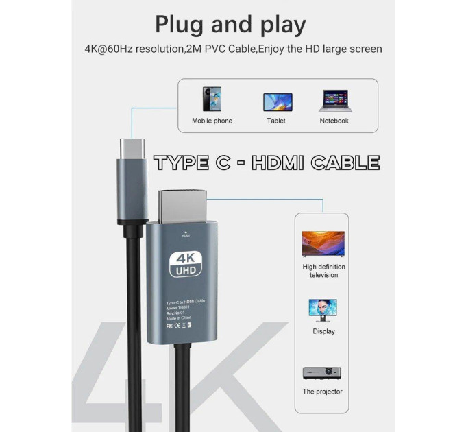 Кабель Type-C to HDMI SmartGo 4K 60Hz Pro V3- 2м
