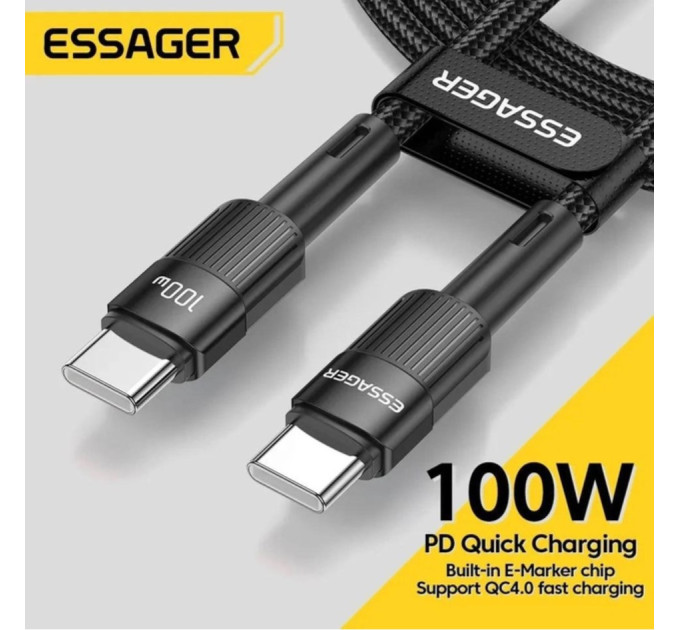 Кабель Type-c - Type-c 100W Essager PD QC4.0 FCP AFC - 1m Black Кабель Type-c - Type-c 100W Essager PD QC4.0 FCP AFC - 1m Black