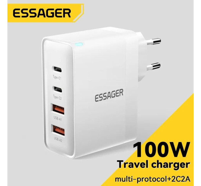 Мережевий зарядний пристрій Essager 100W GAN (2xType-C + 2xUSB-A) ES-CD37 біле Мережевий зарядний пристрій Essager 100W GAN (2xType-C + 2xUSB-A) ES-CD37 біле