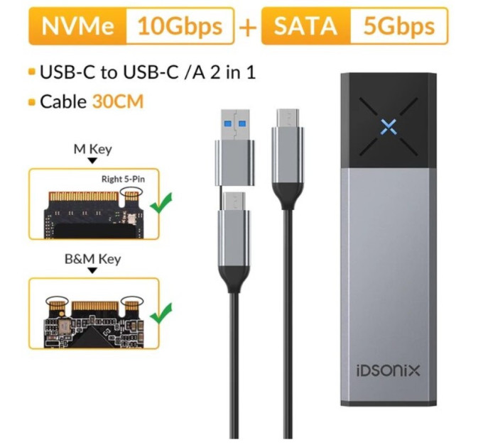 Зовнішня кишеня NVME NGFF m.2 SSD USB 3.0 + Type-C iDsonix