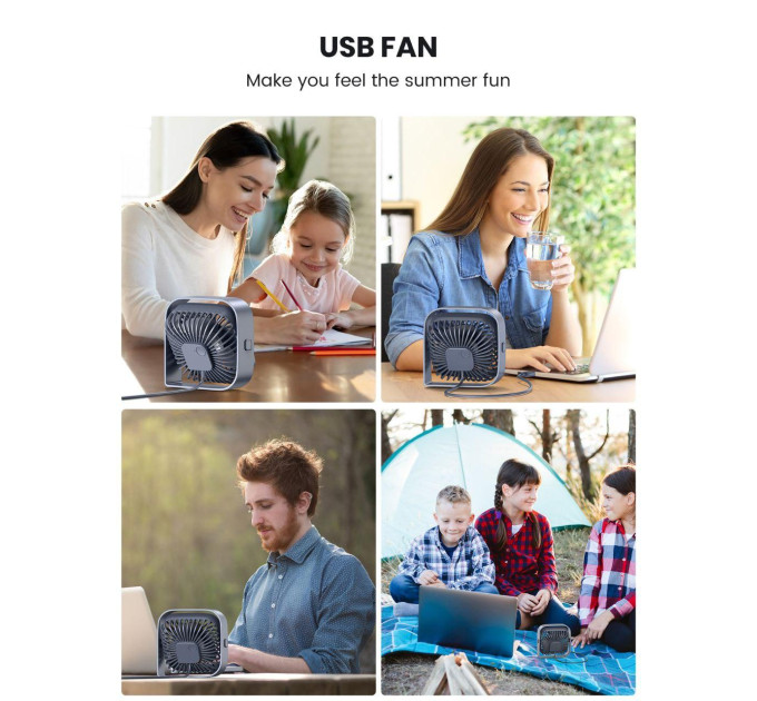 USB вентилятор портативний TOPK сірий, 3 швидкості.
