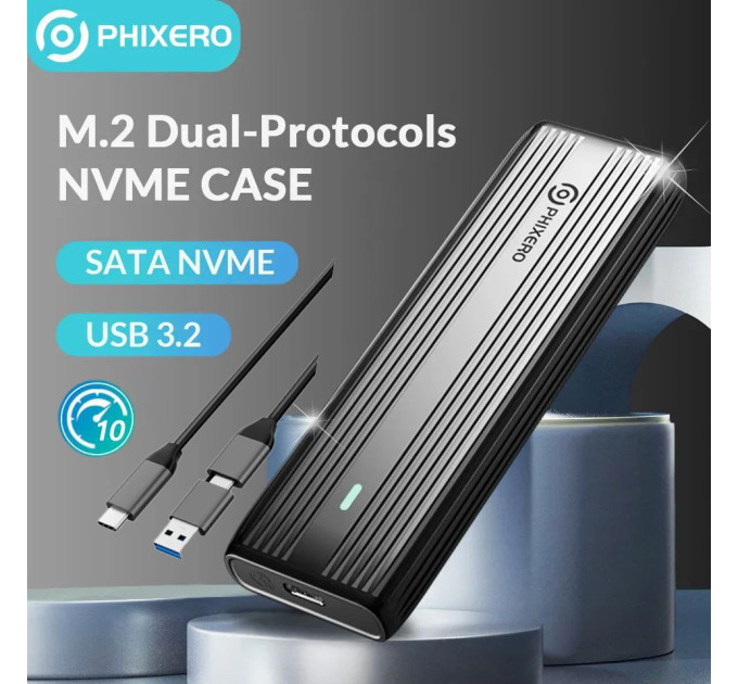 Зовнішня кишеня NVME NGFF m.2 SSD USB 3.0 + Type-C PHIXERO PXPWEM2-G2-GY-BP Зовнішня кишеня NVME NGFF m.2 SSD USB 3.0 + Type-C PHIXERO PXPWEM2-G2-GY-BP