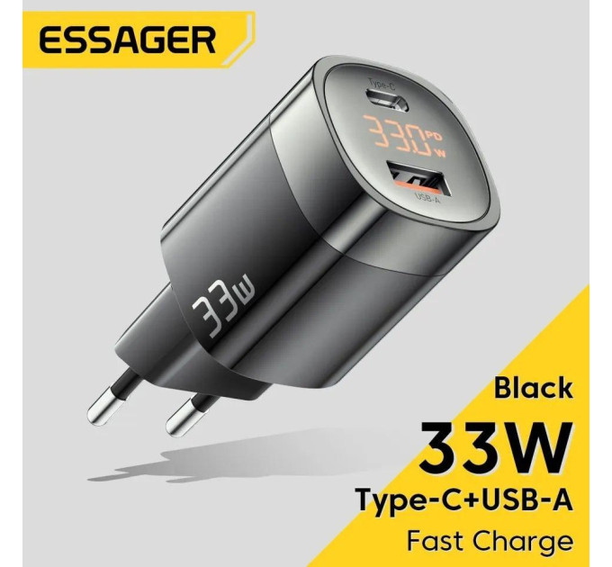 Мережевий зарядний пристрій Essager 33W GAN Display JT-P18 чорне Мережевий зарядний пристрій Essager 33W GAN Display JT-P18 чорне