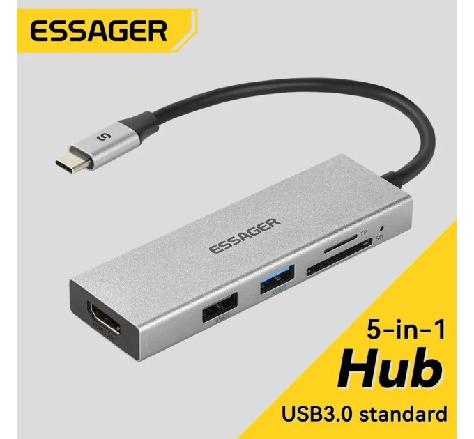 USB 3.0 хаб + кардрідер + конвертер HDMI 4K Essager 5 у 1. Перехідник Type-C - HDMI USB 3.0 хаб + кардрідер + конвертер HDMI 4K Essager 5 у 1. Перехідник Type-C - HDMI