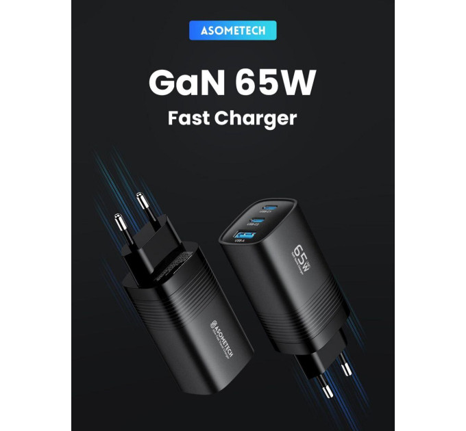 Мережевий зарядний пристрій Asometech 65W GAN (2xType-C + USB-A) Мережевий зарядний пристрій Asometech 65W GAN (2xType-C + USB-A)