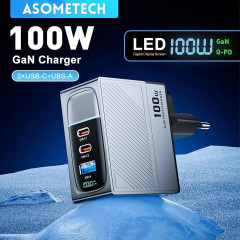 Мережевий зарядний пристрій Asometech 100W GAN (2xType-C + USB-A) Display
