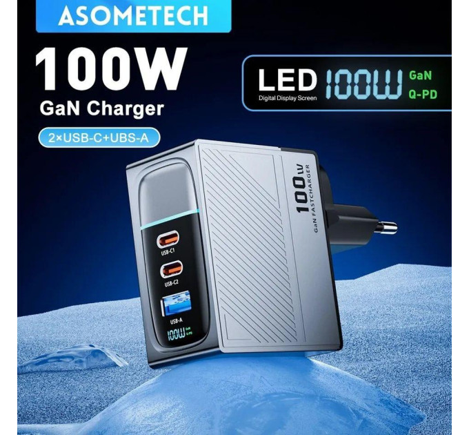 Мережевий зарядний пристрій Asometech 100W GAN (2xType-C + USB-A) Display Мережевий зарядний пристрій Asometech 100W GAN (2xType-C + USB-A) Display