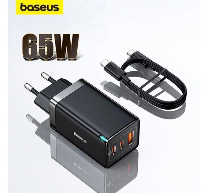 Мережевий зарядний пристрій Baseus GaN5 Pro 65W (2C+U) PD3.0, QC4.0 (CCGAN65E5) Чорний Мережевий зарядний пристрій Baseus GaN5 Pro 65W (2C+U) PD3.0, QC4.0 (CCGAN65E5) Чорний