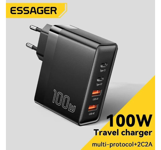 Мережевий зарядний пристрій Essager 100W GAN (2xType-C + 2xUSB-A)  ES-CD37 чорне