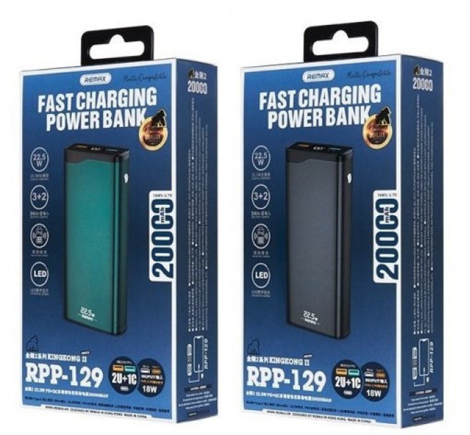 Powerbank 20000mAh 22.5W  Remax RPP-129  QC3.0 PD Швидка зарядка. Металевий корпус