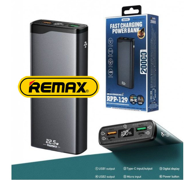 Powerbank 20000mAh 22.5W Remax RPP-129 QC3.0 PD Швидка зарядка. Металевий корпус Powerbank 20000mAh 22.5W Remax RPP-129 QC3.0 PD Швидка зарядка. Металевий корпус