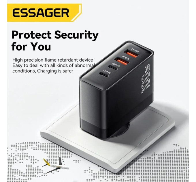 Мережевий зарядний пристрій Essager 100W GAN (2xType-C + 2xUSB-A)  ES-CD37 біле