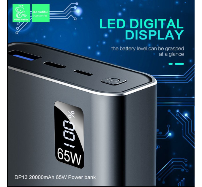 Powerbank 20000mAh Denmen DP13 (USB Output:5V/4.5A 5V/3A 9V/2A 12V/1.5A(max)) li-polymer Чорний метал