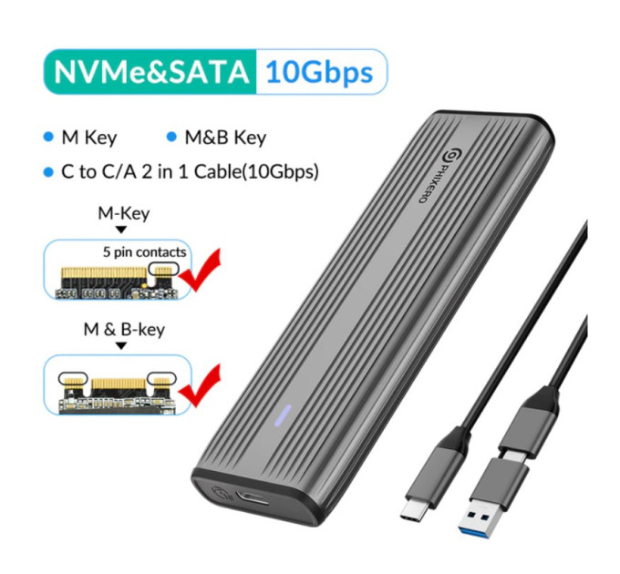 Зовнішня кишеня NVME NGFF m.2 SSD USB 3.0 + Type-C PHIXERO PXPWEM2-G2-GY-BP