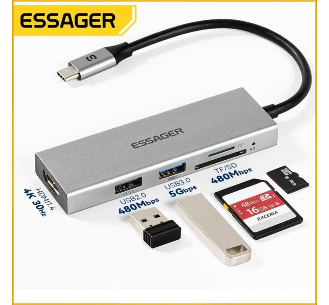 USB 3.0 хаб + кардрідер + конвертер HDMI 4K Essager. Перехідник Type-C - HDMI