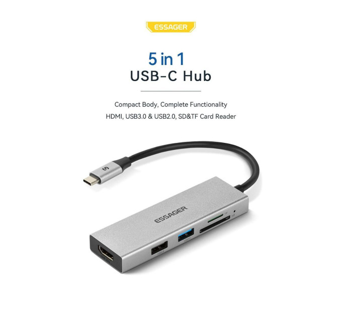 USB 3.0 хаб + кардрідер + конвертер HDMI 4K Essager. Перехідник Type-C - HDMI
