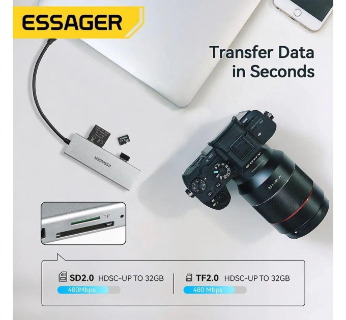 USB 3.0 хаб + кардрідер + конвертер HDMI 4K Essager. Перехідник Type-C - HDMI