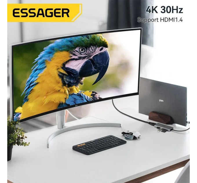 USB 3.0 хаб + кардрідер + конвертер HDMI 4K Essager 5 у 1. Перехідник Type-C - HDMI