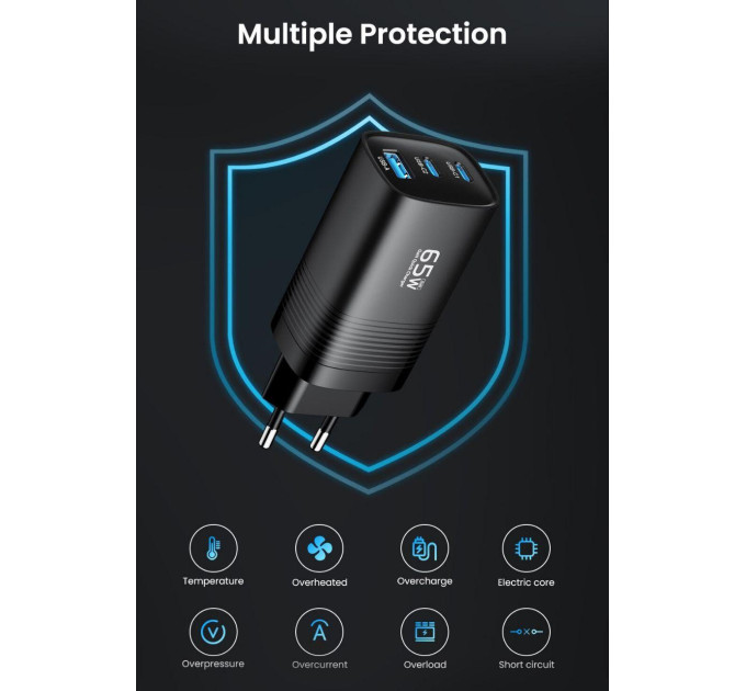 Мережевий зарядний пристрій Asometech 65W GAN (2xType-C + USB-A)
