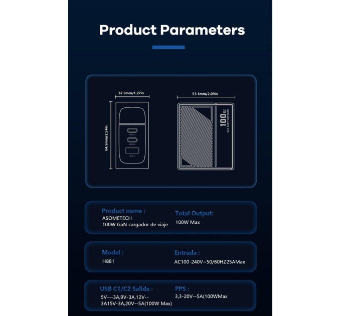 Мережевий зарядний пристрій Asometech 100W GAN (2xType-C + USB-A) Display