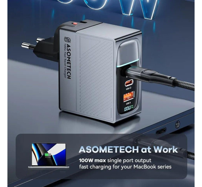 Мережевий зарядний пристрій Asometech 100W GAN (2xType-C + USB-A) Display