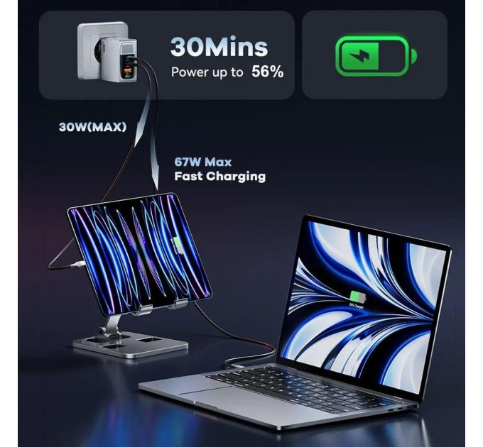 Мережевий зарядний пристрій Asometech 100W GAN (2xType-C + USB-A) Display
