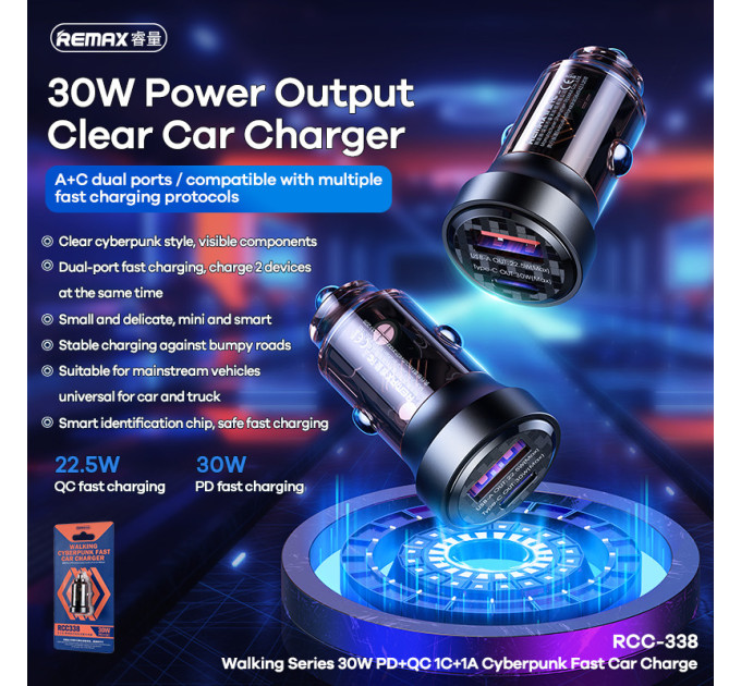 Автомобільний зарядний пристрій 30W REMAX Walking Series PD+QC  Cyberpunk Fast Car Charger RCC338  1C1A