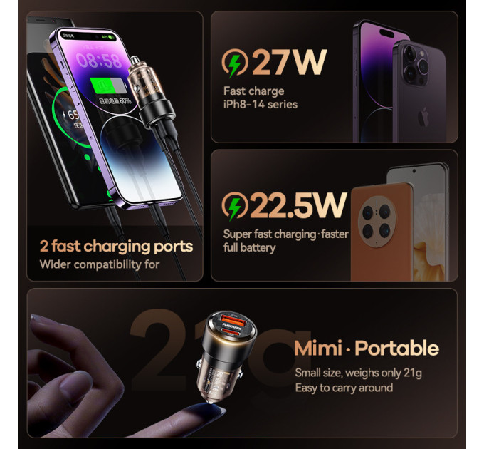 Автомобільний зарядний пристрій 75W REMAX Walking Series PD+QC 1C+1A Fast Car Charger RCC360